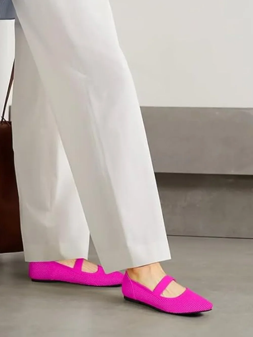 Women's Pink Knit Mary Jane Flats Pointed Toe Pull On Comfortable Flats Shoes